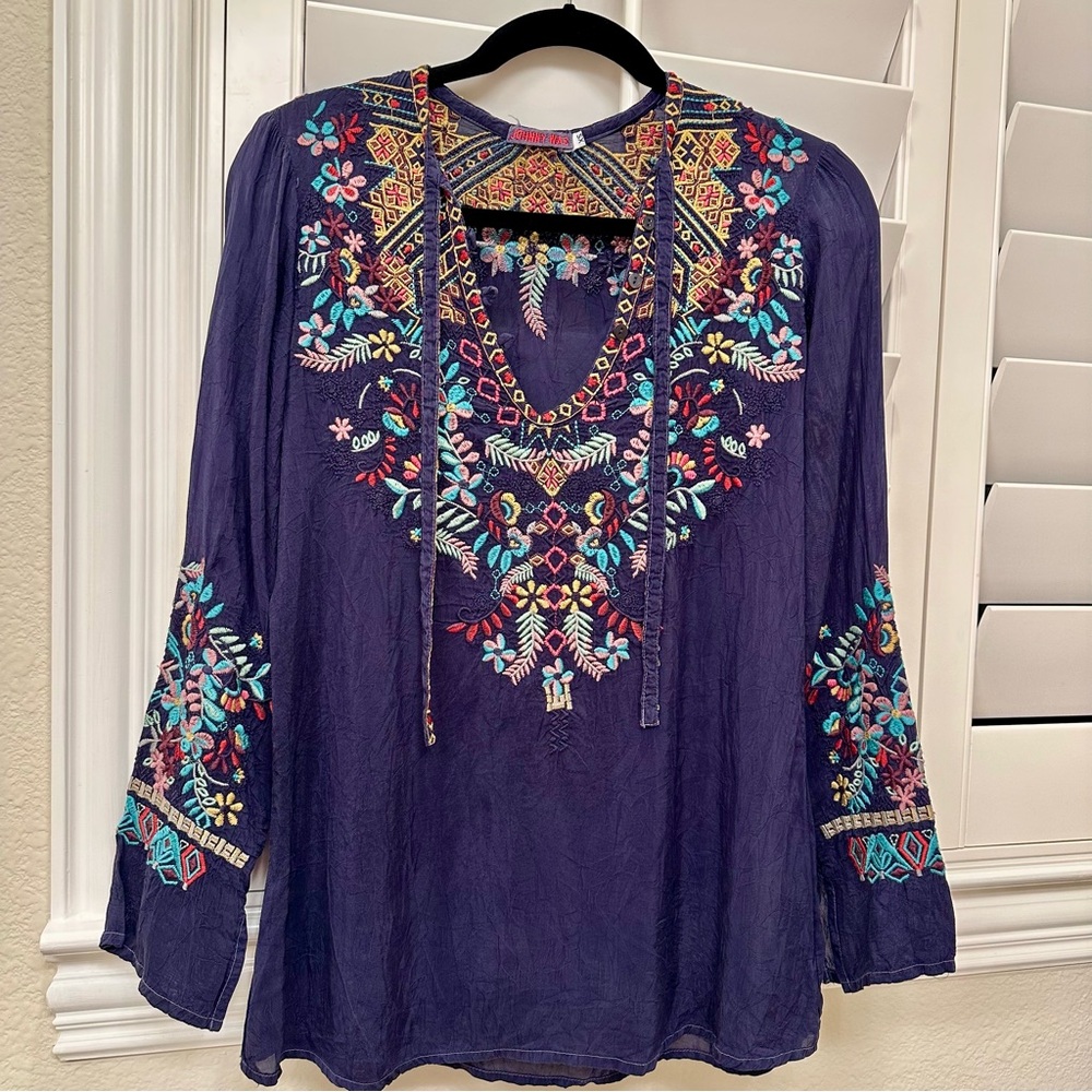 JOHNNY WAS “Sheesoh” Embroidered Navy Blue Long Sleeve Tunic Top - Picture 2 of 8